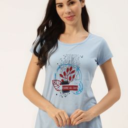 BROOWL Women Blue & Black Graphic Pure Cotton Printed Lounge Tshirt-picture-30
