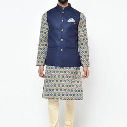 KISAH Men Navy Blue & Beige Solid Kurta with Churidar-picture-37
