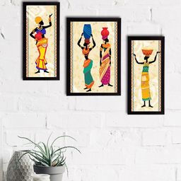 eCraftIndia Set of 3 Cream-Coloured & Black Tribal Theme Satin Matt Textured UV Wall Paintings-11