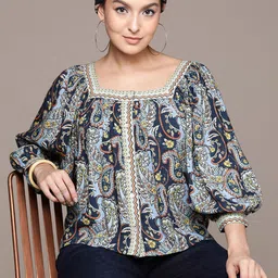 Label Ritu Kumar Print Puff Sleeves Ethnic Top-image-67