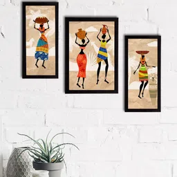 eCraftIndia Set Of 3 Multicolored Tribal Theme Wall Paintings-image-112