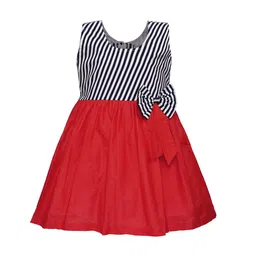 Wish Karo Girls Red & Navy Blue Striped Fit and Flare Dress-image-64