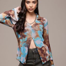 The Roadster Lifestyle Co. Tie and Dye Bell Sleeve Slit-Detail Net Top-image-71