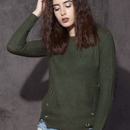 Roadster Women Olive Green Self Design Pullover-picture-21