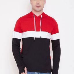LE BOURGEOIS Men Red & Black Colourblocked Hood T-shirt-image-1