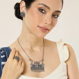 AITIHYA Silver-Plated Oxidised Necklace Set With Ring-47