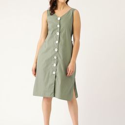 Off Label Women Olive Green Pure Cotton Solid A-Line Dress With Belt-picture-28