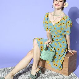 plusS Turquoise Blue & Yellow Floral Georgette A-Line Dress-picture-52