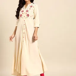 RANGMAYEE Women Cream-coloured Floral Yoke Design A-Line Kurta-picture-5