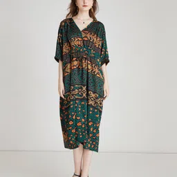 JC Collection Floral Printed V-Neck Extended Sleeves Tie-Ups Detail Kaftan Midi Dress-picture-39