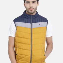t-base Men Yellow & Navy Blue Colourblocked Lightweight Puffer Jacket-image-65