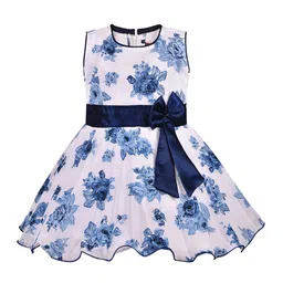 Wish Karo Girls Navy Blue & White Floral Printed Fit and Flare Dress-image-35