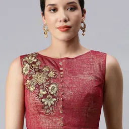 flaher Women Maroon & Gold Embroidered Art Silk Saree Blouse-image-58