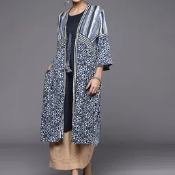 Biba Women Navy Blue & White Longline Ethnic Open Front Jacket-21