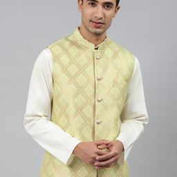 MANQ Men Green Woven Jaquard Silk Nehru Jacket-picture-16