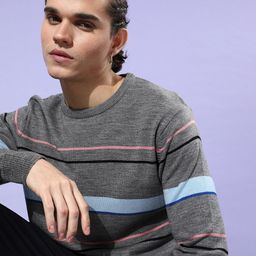 Mast & Harbour Men Grey Striped Pullover-image-60