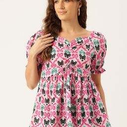 FERANOID Printed Sweetheart Neck Linen Blouson Top-image-63