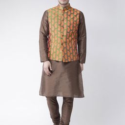 DEYANN Men Coffee Brown Solid Kurta with Pyjamas & Nehru Jacket-13