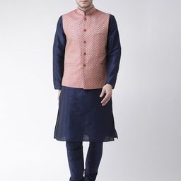 DEYANN Men Navy Blue & Pink Solid Kurta with Pyjamas & Nehru Jacket-12