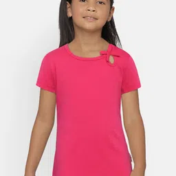 SINI MINI Girls Pink Solid Round Neck Pure Cotton T-shirt-image-92