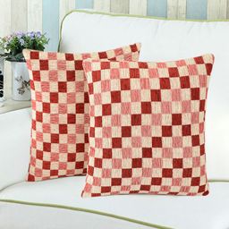 Saral Home Maroon & Beige Set of 2 Checked Square Cushion Covers-12
