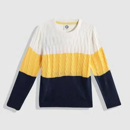 YK Boys Navy Blue, White & Yellow Cable Knit Colourblocked Pullover-image-94