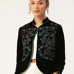 Antheaa Women Black Velvet Finish Beaded Open Front Jacket-image-74