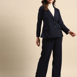WoowZerz Women Navy Blue Coat & Trousers Co-ord Set-12