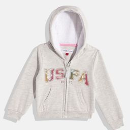U.S. Polo Assn. Kids Girls Grey Melange Brand Logo Printed Hooded Sweatshirt-picture-3