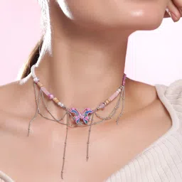 Rubans Rhodium-Plated Butterfly Pendant Layered Choker Necklace-42