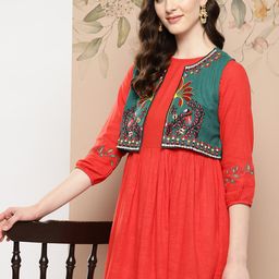 Sangria Solid Cotton Ethnic A-Line Dress with Jacket-image-22
