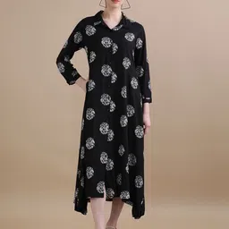 BLACK & BLAH BLAH Relaxed Fit Floral Printed A-Line Viscose Midi Dress-image-77