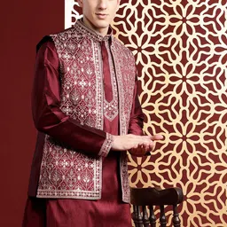 MANQ Ethnic Motifs Embroidered Sequinned Pure Cotton Kurta with Trousers & Nehru Jacket-image-18