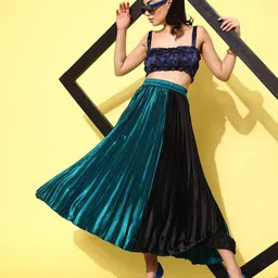 Antheaa Colourblocked Accordion Pleated Satin Midi Skirt-image-22