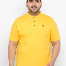 Urbano Plus Men Yellow Solid Mandarin Collar Pure Cotton T-shirt-picture-19