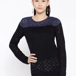Cayman Women Black & Blue Colourblocked Woollen Open Knit Sweater-picture-11