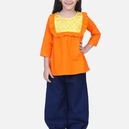 BownBee Girls Orange & Navy Blue Yoke Design Kurta with Harem Pants-picture-23