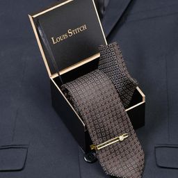 LOUIS STITCH Men Chocolate Brown Italian Silk Necktie Accessory Gift Set-image-98