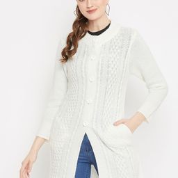 Zigo Women White Self Design Longline Knitted Cardigan-image-60