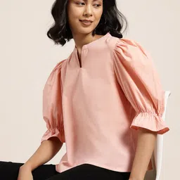 HERE&NOW Mandarin Collar Puff Sleeves Top-image-24
