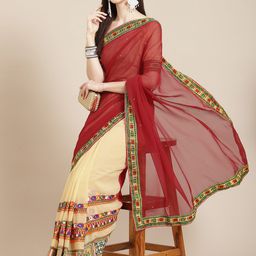 Mitera Cream-Coloured & Red Ethnic Motifs Embroidered Pure Georgette Saree-picture-20