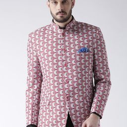 Hangup White & Pink Printed Slim Fit Bandhgala Blazer-image-7