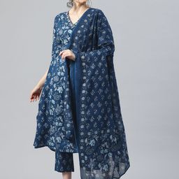 Yuris Floral Printed Layered Thread Work Pure Cotton Kurta with Trousers & With Dupatta-image-64