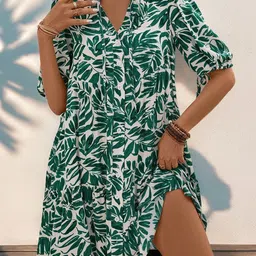 DressBerry Green & White Tropical Print A-Line Dress-image-60