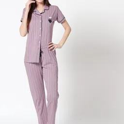 Zeyo Women Mauve Striped Night suit-picture-14