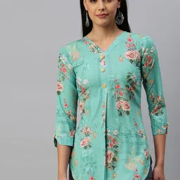 flaher Women's Turquoise Blue & Pink Floral Printed Tunic-picture-12