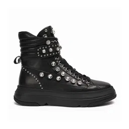 Saint G Women Black Embellished Leather Flat Boots-image-40