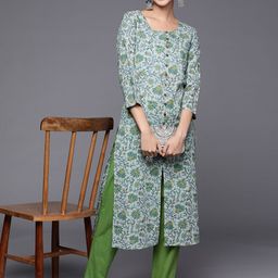 Varanga Women Grey & Green Ethnic Motifs Printed Pure Cotton Kurta-image-100