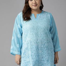 ADA Turquoise Blue & White Ethnic Motifs Embroidered Plus Size Chikankari Kurti-image-78