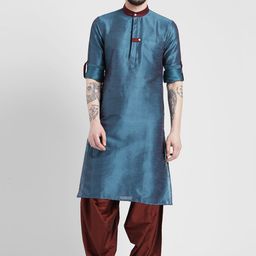 KISAH Men Teal Blue & Maroon Striped Pathani Kurta-picture-14